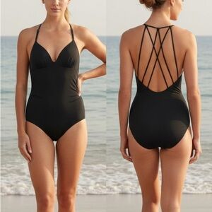 Athleta Aqualux One Piece Strappy Black Swimsuit